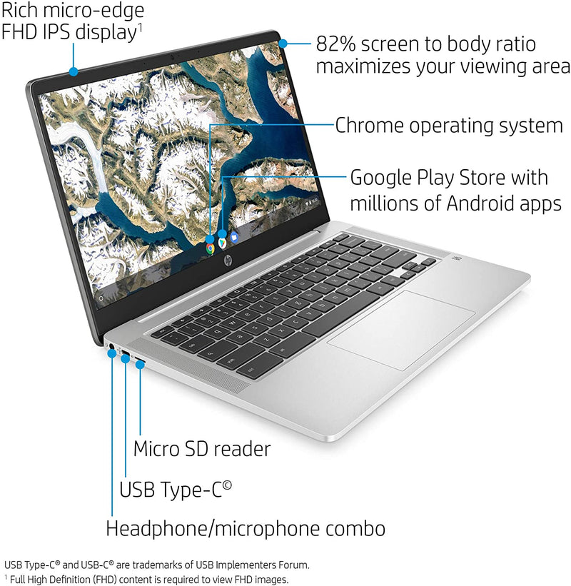 HP Chromebook - 14a-na0050nr WLED FHD 1920 x 1080 14", IPS Anti-glare Display, Intel Celeron N4000 1.1 GHz, Intel UHD Graphics 600, 4 GB RAM, 32 GB eMMC, Chrome OS - Mineral Silver